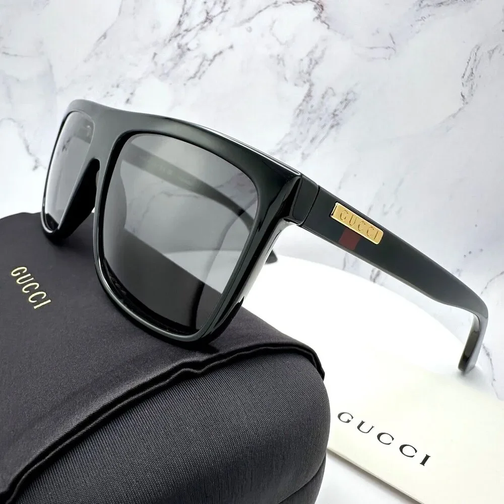 New GUCCI Sunglasses Black Square Aviator Gold Plate Engraved Logo Web Arm GUCCI
